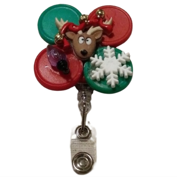 Christmas Reindeer Badge Reel with Snowflake & Bulb - Artisan Holiday ID Holder - Picture 7 of 7